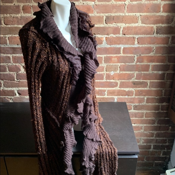 Long Bouclé Sweater Knitted Brown Ruffled Women's Sweater Beautiful - Picture 3 of 4